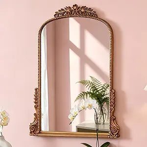 SHYFOY Antiqued Wall Mirror Decorative Vintage Mirrors for Wall Decor, Baroque Wall Mirrors Ornate Arch Mantel Mirror for Living Room Entryway Powder Room, Bronze Dark-Gold Wall Decor, MDF Backing