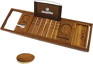 Utoplike Teak Bathtub Caddy Tray Bath Tray for Tub, Unique Bathtub Organizer with Book Tablet Wine Glass Cup Towel Holder, Adjustable, for Your Loved