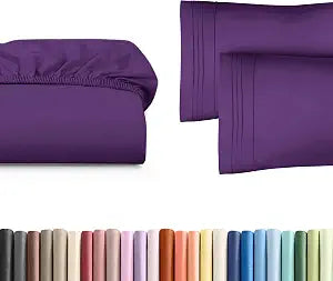 Full Size Fitted Bed Sheet + 2 Pillowcases Bundle - Hotel Luxury Single Fitted Bottom Sheet Only - Fits Mattress w/ Deep Pockets Between 8 to 16 inches - Ultra Soft, Breathable & Wrinkle Free - Purple