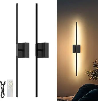 Battery Operated Wall Sconces Set of 2,Dimmable Wall Sconce with Remote Control,Modern Black LED Rechargeable Wall Sconces Lights,27 Inch Wireless Lamp for Living Room,Bedroom,Bathroom