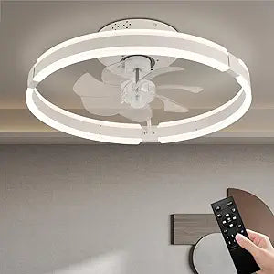 Finktonglan 20" White Flush Mount Ceiling Fan with Light, Low Profile Enclosed Fandelier, Dimmable LED Ceiling Fan Light with Remote, Reversible Quiet Fan for Bedroom Living Room Kitchen