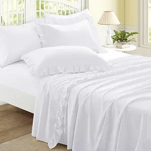 4 Pieces Ruffle Queen Sheet Set, White Bed Sheets Queen Size, Microfiber Coquette White Sheets with 16 Inch Deep Pocket Fitted Sheet, 1 Ruffled Flat Sheet & 2 Ruffled Pillow Shams