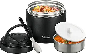 wiwens Thermo Food Jar for Hot Food Adults 32OZ Soup Thermo Lunch Containers Wide Mouth Vacuum Insulated Stainless Steel Leakproof Bento Box with Spoon (Black)