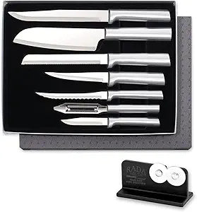 Rada Cutlery The Starter Gift Set (S38), 7-piece Knife Set with Quick Edge Sharpener (R119), Stainless Steel Blades, Silver Handle