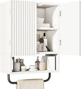 IBUYKE Bathroom Wall Cabinet, Small Medicine Cabinet with Towel Bar,Over The Toilet Bathroom Storage Cabinet with Adjustable Shelf for Bathroom, Living Room, Kitchen UWBS003W
