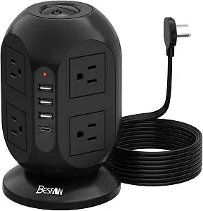 Surge Protector Power Strip Tower with 8 AC Outlets 4 USB Ports (1 USB C), 10 ft Flat Extension Cord with Multiple Outlets Charging Station for Dorm Home Office Essentials, Black
