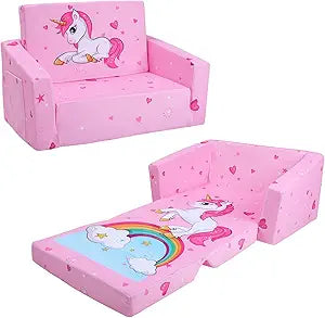 decalsweet Kids Couch Foldable Kids Sofa 2 in 1 Children Convertible Sofas to Lounger Fold Out Toddlers Sofa Bed for Playroom Bedroom Living Rooms Boys and Girls