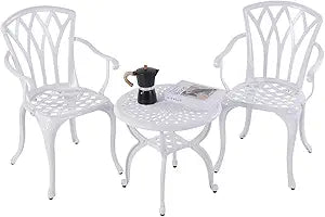 YKSY&YKSY Jardin DE CENTENNAIL 3-Piece Outdoor Bistro Set Cast Aluminum Rust-Resistant Patio Furniture Armchairs Design (White) 1