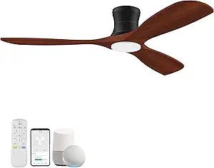 52 Smart Low Profile Ceiling Fans with Lights Remote,3 Wood blade,Quiet DC Motor,Outdoor Indoor Flush Mount Ceiling Fan,Voice Control via WIFI Alexa App,Modern Lighting& Ceiling fan for Bedroom Patio