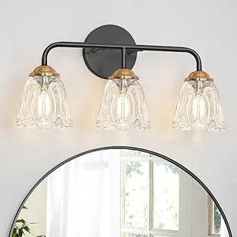 Daunton Vintage 3 Light Vanity Light, Black and Gold Bathroom Vanity Light, Bathroom Light Fixtures with Glass Shade, Antique Vanity Light Fixtures Over Mirror, Wall Sconce for Bedroom, Living Room
