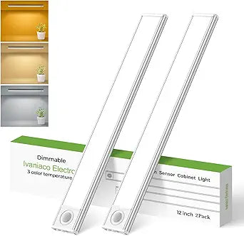 12in Under Cabinet Lights,90 LEDs,USB-C 2500mAh Rechargeable Battery,3 Color Temperature,Dimmable,Motion Sensor Cordless Under Counter Light for Wardrobe,Cupboard,Kitchen,Stairs(2pack 3CCT)