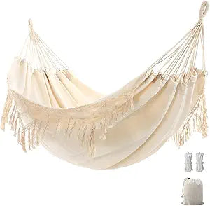 Double Boho Macrame Hammock with Elegant Tassels for Patio, Yard, Beach Wedding Decor, Outdoor and Indoor Up to 450lbs Include Tie Ropes and Drawstring Bag