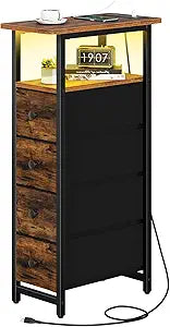 Yoobure LED Narrow Nightstand with Charging Station - Slim Dresser for Bedroom Narrow Side Table Storage Cabinet, Small Dressers Chest of Drawers, Tall Skinny Night Stand End Table for Small Spaces