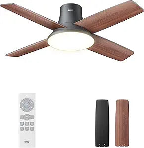 DREO Ceiling Fan, 44 Inch Low Profile Ceiling Fan with Light and Remote, 5CCT LED, 6-Level Dimmable, 6-Speed, Reversible Motor, Quiet, Timer, Easy-Install, Black Flush Mount for Bedroom