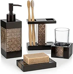 Creative Scents Dahlia 4-Piece Brown Bathroom Accessories Set Complete - Luxury Resin Bath Decor Includes Soap Dispenser, Toothbrush Holder, Tumbler & Soap Dish - Modern Brown Textured Design