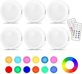 Cadrim Puck Lights, 13 Colors Changeable LED Puck Lightings, LED Lamp for Bedroom, Under Cabinet Lamps, Under Cabinet Lighting with 2 Wireless Remote Controls for Kitchen(6 Pack)