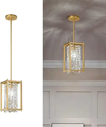 LMQNINE Modern Gold Pendant Light Fixtures for Kitchen Island, Crystal Chandelier Lights Fixture, Elegant Adjustable Pendant Lighting for Dining Room Bedroom (Square 1-Light)