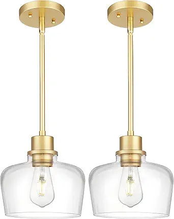 Emak 8 Inch Pendant Lights Kitchen Island, 2 Pack Gold Pendant Light Fixtures with Clear Glass Shade, Modern Island Lights for Kitchen, Dining Room, Bathroom, PL122-GD-CG-2PK