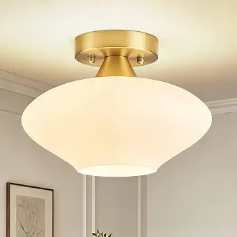 Brushed Gold Metal Ceiling Light, 10.63 in Milky White Glass Shade