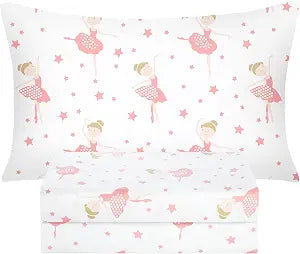 BYSURE Twin Sheets Set Kids(Ballerina, Pink), 3 Pieces Easy Fit Deep Pocket Sheets Set for Girls, Breathable Wrinkle-Free Microfiber Bedding for Children