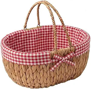 Large Picnic Basket with Handles, Handwoven Water Hyacinth with Removable and Washable Lining, Oval Basket for Camping, Outdoor, Gift, Home Decor.Red