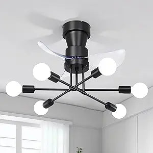 21.2 Inch Ceiling Fan with Lights, 6-Light Black Modern Chandelier, Semi Flush Mount Quiet DC Reversible Fandelier, 6 Speed Fan Light with Remote, E26 Custom Bulb for Bedroom Small Living Dining Room