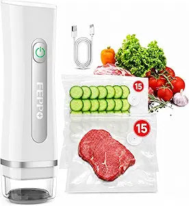 FEPPO Vacuum Sealer for Food with Visible Water Tank, Handheld Saver Compact Vacuum Sealer Machine with 30 Reusable Bags for 6X Preservation & Fresh, White