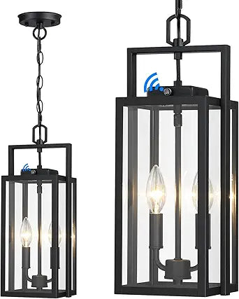 17.8'' Large Dusk to Dawn Outdoor Pendant Light 2-Light, Modern Black Metal Outside Chandelier Exterior Hanging Fixture Ceiling Mount with Clear Glass for Front Porch Entrance Entryway, 1 Pack