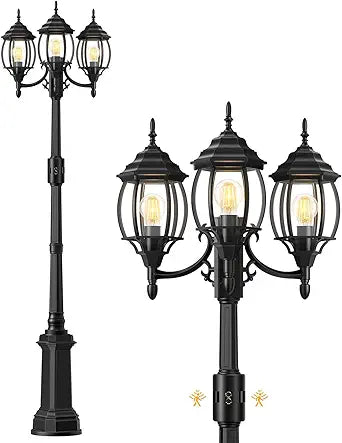 Redluck Motion Sensor Outdoor Post Lights, 3-Head Dusk to Dawn Outdoor Lamp Post Light, 360 Detection Waterproof Anti-Rust Aluminum Street Light for Backyard Garden Patio Driveway