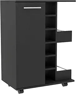 Tuhome Bar Cart with Two External Shelves, Four Casters, Six Built-in Wine Rack, Single Door Cabinet, Modern Design for Home Bar or Living Room