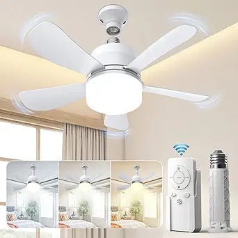 Eonini Socket Fan Light with Remote, 16" Ultra-Quiet 5-Blade Small Ceiling Fan with Light, 1000LM 3-Color Dimmable LED, 3 Speeds & 5 Brightness Levels, Screw-in E26 Base for Garage Bedroom Kitchen
