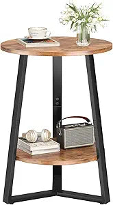 sthmec Small Round End Table, 2 Tier Side Table with Storage Shlef,Coffee Table Wooden Tabletop & Metal Frame,Round Accent Table Small Nightstands Couch Tables for Bedroom,Livingroom,Rustics Brown