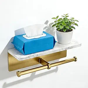 Brushed Gold Toilet Paper Holder Wall Mount, NEWRAIN Rustproof Commercial Double Toilet Tissue Holder with Marble Phone Shelf, Stainless Steel Toilet Roll Holder for Bathroom, Washroom, Hotel, RV