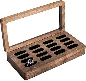 Luxury Solid Walnut Wood Ring Box with Glass Window - Ring case Jewelry Tray Jewelry Organizer for Rings, Studs & Earrings - Ideal for Store Display, Jewelry Showcases, Home Use & Gift Ideas