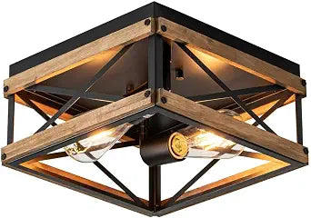 2-Light Black Rustic Wood Farmhouse Flush Mount Ceiling Light Fixture