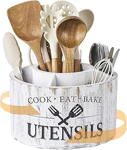 10.2 Inch Extra Large 360 Rotating Utensil Holder, Wooden Farmhouse Kitchen Tool Organizer with 5 Compartments, Lazy Susan Utensil Crock for Countertop, Anti-Slip Silent Base - Distressed White