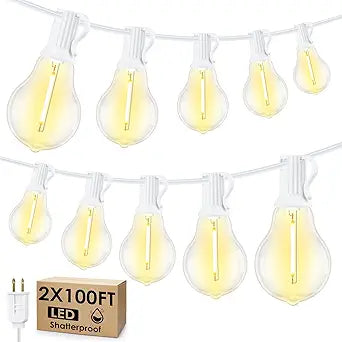 Larkvue 200FT(2x100FT) Outdoor String Lights, LED Patio Lights with 63 Waterproof Shatterproof A39 Dimmable Bulbs(3 Spare) for Deck Yard-2 Pack White