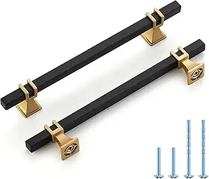 HOME EDIT 30 Pack 6-1/4 inch Black & Gold Cabinet Handles Square Zinc-Alloy Pulls for Kitchen Dresser Closet and Bathroom Cabinets Hardware