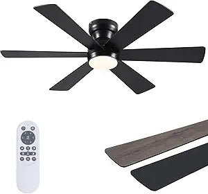 Asyko 46" Low Profile Ceiling Fan with Light and Remote Control,Black Modern Flush Mount Ceiling Fan with Lights for Bedroom, Reversible, Dimmable, Noiseless