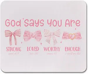 Pink Bow Coquette Mouse Pad, Inspirational Bible Verse Office Supplies Mouse Pad, Pink Desk Accessories, Gamer Girl Accessories, God Says You are Loved Christian Gifts for Girls Women