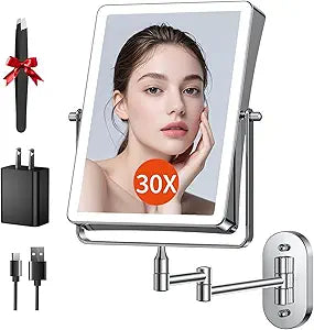 FUNTOUCH 5000mAh Rechargeable Wall Mounted Makeup Mirror with Lights, 8.7" Double Sided 1X/30X Magnifying Mirror with Dimmable 3 Color Light, Extended Swing Arm 360 Wall Mount Bathroom Vanity Mirror
