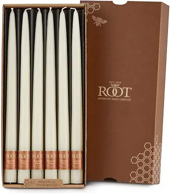 Root Candles 12-Count Unscented Taper Candles Smooth Hand-Dipped Dripless Beeswax Enhanced Boxed Candle Set, 12-Inch, Ivory
