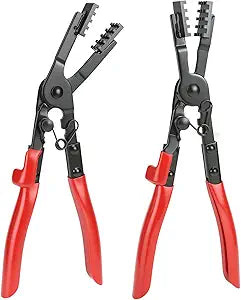 QWORK 2Pcs Multi-Angle Hose Clamp Plier Set, Heavy Duty Locking Hose Clamp Tool for Automotive Fuel Coolant Oil Pipe, Reinforced Carbon Steel Spring Button Pliers for Rusted Aging Clamps