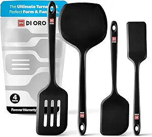 DI ORO Silicone Turner Spatula Set - Kitchen Spatulas for Nonstick Cookware - Cooking Utensils for Flipping Eggs & Pancakes - 600F Heat-Resistant BPA Free Turners - Dishwasher Safe (4pc, Black)