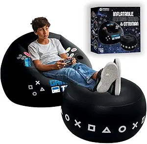 FranFusion Inflatable Gaming Chair for Kids & Teens with Cup Holders and Side Pocket - This Air Bean Bag Game Chair is The Perfect Furniture for Gamer Room Dcor (Gaming Time with Ottoman)