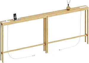 ELYKEN Bamboo Narrow Console Table with Charging Station, 2 Pack Slim Sofa Table Behind Couch, Entryway Table with Outlets for Living Room, Hallway, 5.9 x 39.4 x 31.1in, Natural