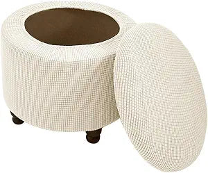 Round Ottoman Slipcover Stretch Soft Footstool Slipcover Corn Grid Storage Ottoman Cover Folding Stool Covers Furniture Protector for Home Decor Beige