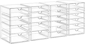 AMALEKO Acrylic Drawer Organizers - 21 Drawers 4 Set - Clear Storage Drawers for Office Supplies - Stackable Makeup Organizer - Dustproof Desk Organizers for Makeup, Jewelry, Pen, Stationary