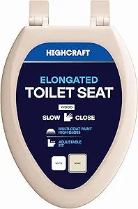 HIGHCRAFT Premium Elongated Toilet Seat with Slow-Close Design & Adjustable Hinges - Molded Wood Toilet Seat - Fits Standard Elongated Toilets - Oval Seat in Bone/Beige