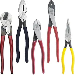 Klein Tools 80087 Dipped Plier Kit, Made in USA, Diagonal-Cutting, Needle-Nose, Side-Cutting High Leverage Linesman Pliers, Cutter and Crimper, 5-Piece